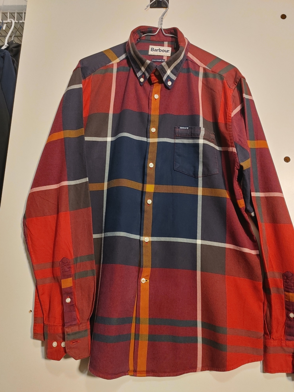 Barbour Red, Navy & Gold Plaid Button-Down Shirt